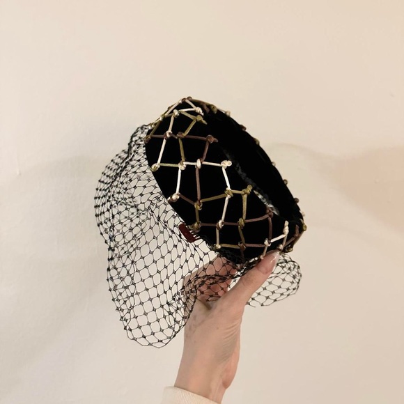 Black and Gold Velvet 1962 Fascinator Hat with Veil In Original Box with Receipt